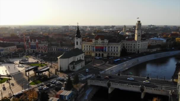 Flygfoto Över Centrum Oradea Bihor County Rumänien Solnedgången — Stockvideo