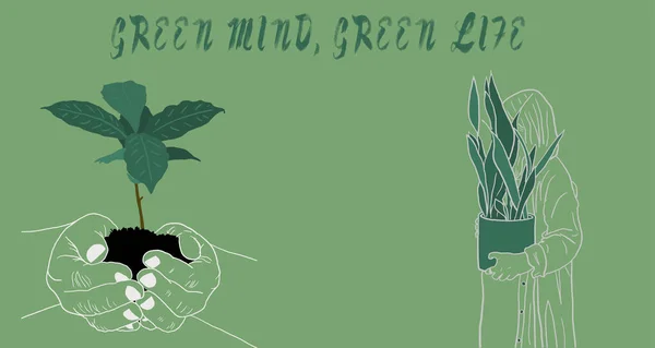 Ilustracja Ręki Trzymającej Roślinę Kobiety Trzymającej Roślinę Zielonym Zielonym Umysłem — Zdjęcie stockowe