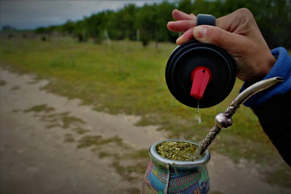 Plan Rapproché Une Personne Versant Une Boisson Compagnon Dans Thermos — Photo