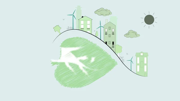 Иллюстрация Города Ветряными Мельницами Зеленом Листе Концепция Экологичности — стоковое фото