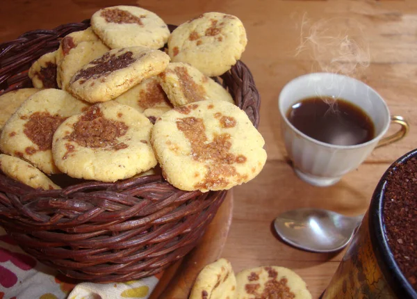 Closeup Cup Fresh Coffee Cookies Basket Table — Stock Photo, Image