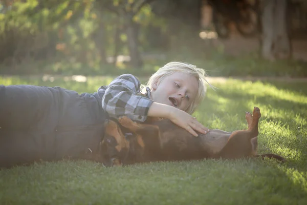 Sarışın Beyaz Tenli Bir Çocuğun Açık Havada Köpek Yavrusuyla Oynadığı — Stok fotoğraf