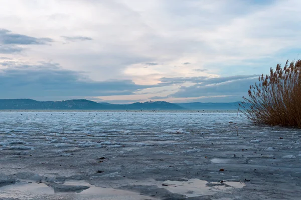 Gyönyörű Kép Balatonról Télen Hegyekkel Láthatáron — Stock Fotó