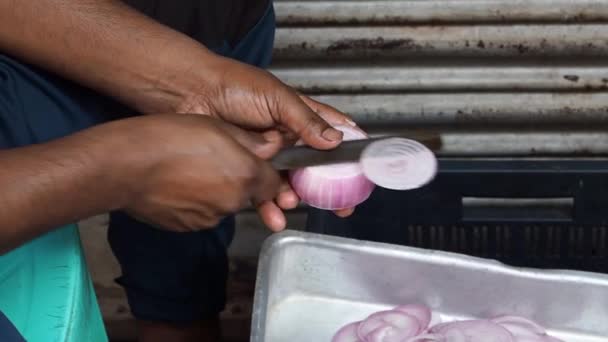 Rendu Homme Coupant Oignon Dans Rue Inde — Video