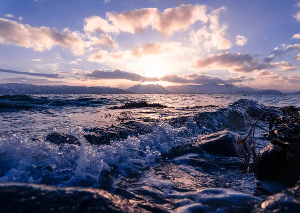 Una Bella Vista Una Spiaggia Sullo Sfondo Dell Alba Vicino — Foto Stock