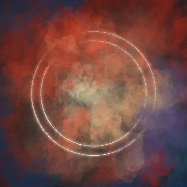 暗い背景にカラフルな煙に覆われた光沢のある円のイラスト — ストック写真