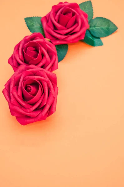 Vertikální Záběr Zářivých Rudých Růží Prostém Oranžovém Pastelovém Pozadí Listy — Stock fotografie