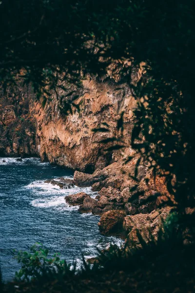 Las Olas Salpicando Rebotando Las Rocas Acantilado Con Hojas Árbol —  Fotos de Stock