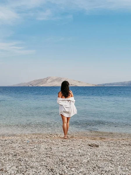 Rear View Stylish Young Woman Wearing Only White Shirt Beach — Stock Photo, Image