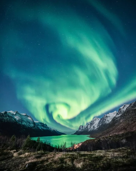 Sebuah Gambar Vertikal Dari Lanskap Musim Dingin Malam Dengan Cahaya — Stok Foto