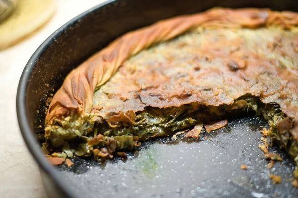 Greek Spinach Pie Feta Cheese Preparation Traditional Village Spinach Pie — Stock Photo, Image