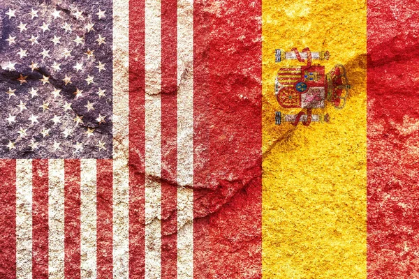 Bandera Estados Unidos Bandera España Sobre Fondo Pared Rocosa —  Fotos de Stock