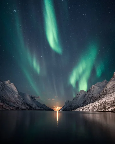 Eine Vertikale Aufnahme Einer Nächtlichen Winterlandschaft Mit Spiegelung Des Nordlichts — Stockfoto