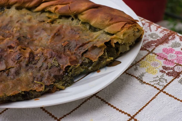 Tarte Aux Épinards Grecs Fromage Feta Préparation Une Tarte Aux — Photo