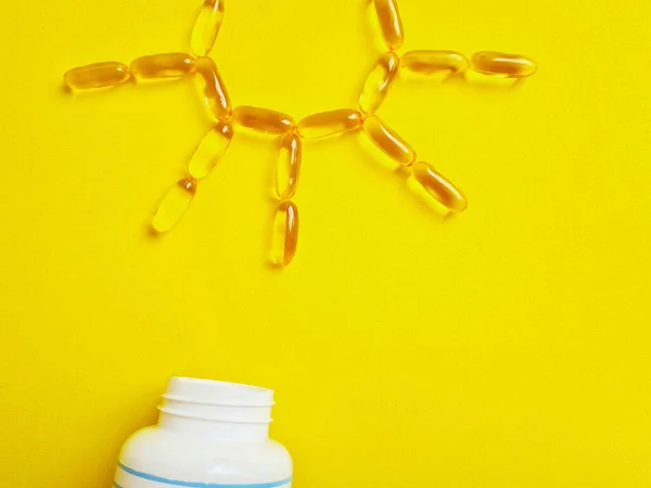 Sun Created Dietary Supplement Capsules Bottle Yellow Surface Concept Healthcare — Stock Photo, Image