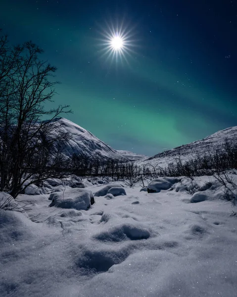 Plano Vertical Paisaje Invernal Nocturno Con Aurora Boreal Luna Tromso —  Fotos de Stock