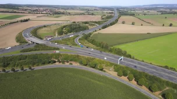 Drone Shot Dramfeld Autobahn Interchange Germany A38 Moderate Traffic Surrounded — Vídeo de Stock