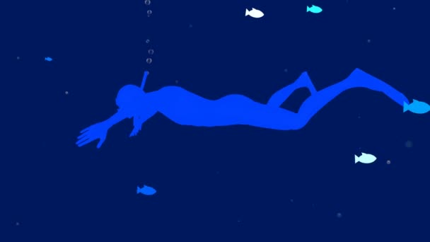 水肺潜水者与鱼在4K的蓝色背景下的3D动画 — 图库视频影像