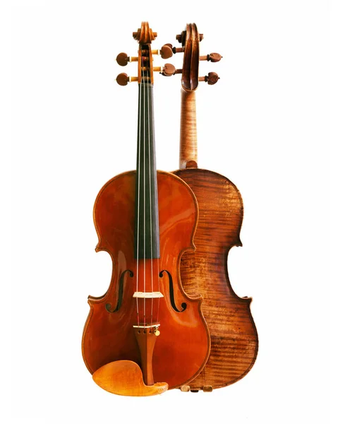 Pair Violins Back Back Vertical Plain White Background — Stock Photo, Image