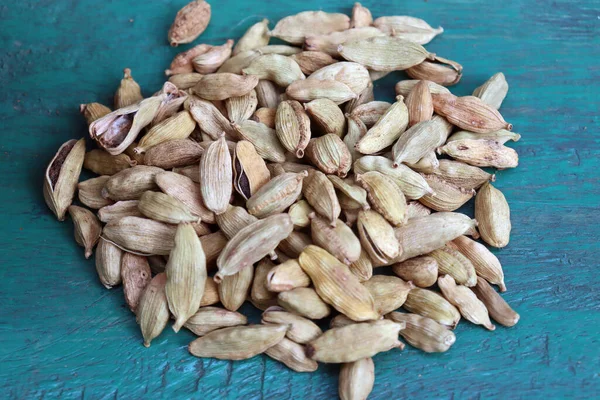 Closeup Healthy Spicy Black Cardamom Stock Blue Wooden Background — Stock Photo, Image