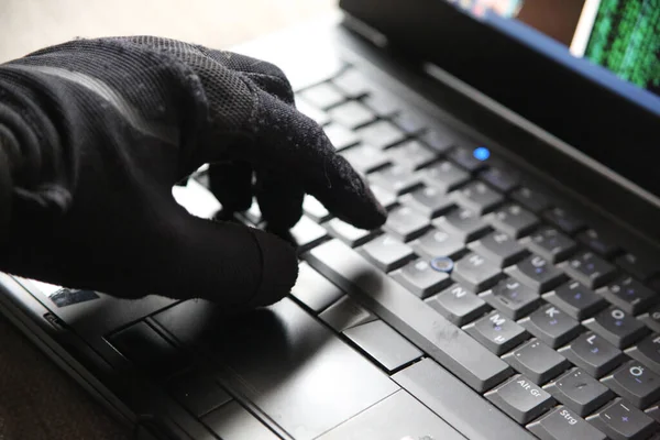 Een Close Van Een Persoon Handschoenen Met Behulp Van Computer — Stockfoto