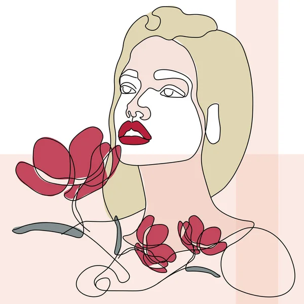 Minimalistyczna Abstrakcyjna Ilustracja Pięknej Blondynki Czerwonymi Kwiatami — Zdjęcie stockowe