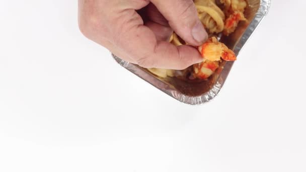Male Hand Holding Piece Fried Shrimp Rotating Aluminum Tray Squid — Stock Video