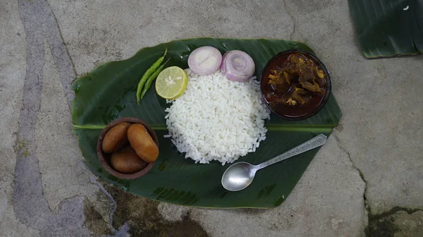 Chettinad Stil Hammelsoße Mit Teller Voller Weißer Reis Von Indischen — Stockfoto