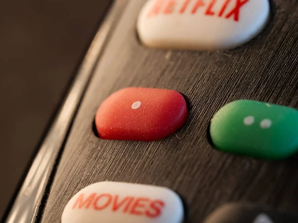 Selective Focus Shot Black Remote Control Colorful Rubber Buttons Dark — Stock Photo, Image