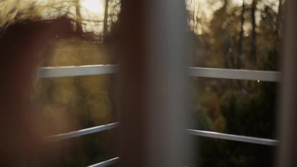 Крупним Планом Людина Відкриває Балконні Двері Під Час Зйомок Дощу — стокове відео