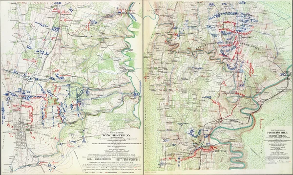 1864年のウィンチェスター フィッシャーズヒルおよびシーダークリークの戦いの地図の閉鎖ショット — ストック写真