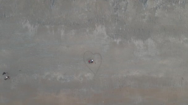 Αεροφωτογραφία Μιας Νεαρής Οικογένειας Που Κάθεται Σχήμα Καρδιάς Μια Παραλία — Αρχείο Βίντεο