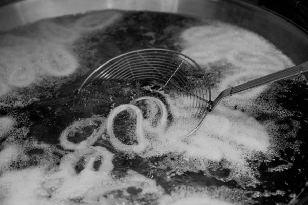 Grayscale Closeup Shot Delicious Fresh Churros Being Fried — Stock Photo, Image