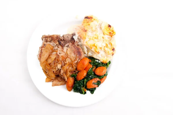 Chuletas Cerdo Con Patatas Ralladas Espinacas — Foto de Stock