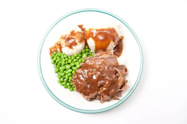 Sanduíche Carne Quente Com Purê Batatas Molho Legumes Frescos — Fotografia de Stock