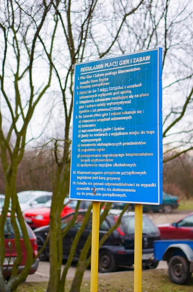 Poznan Poland Jan 2016 Blue Sign Rules Polish Play Ground — Stock Photo, Image