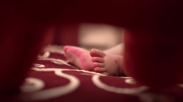 Вибірковий Фокус Ногах Індійського Новонародженого Малюка Вкритого Червоним Лежить Ліжку — стокове відео