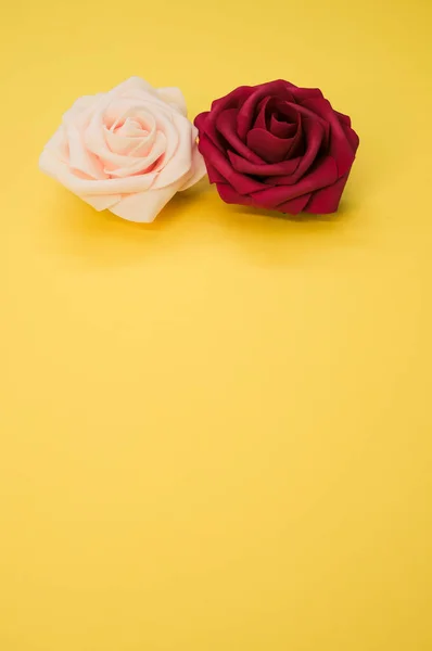 Horní Pohled Červené Růžové Růže Izolované Žlutém Pozadí — Stock fotografie