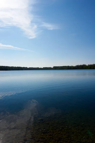 Lago Calmo Com Árvores Fundo Durante Nascer Sol — Fotografia de Stock