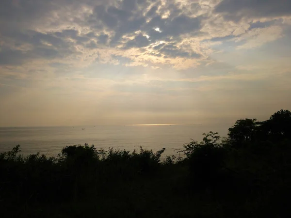 夕阳西下 天空中一道美丽的太阳光划过大海 映衬着植物的轮廓 — 图库照片