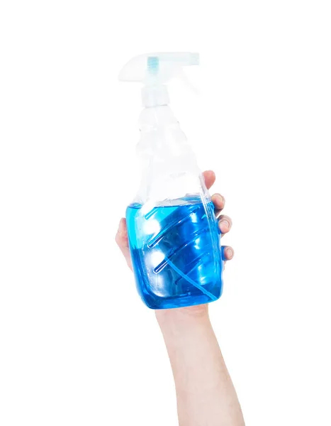Vertical Shot Man Arm Raised Holding Glass Cleaner Sprayer Isolated — Stock Photo, Image