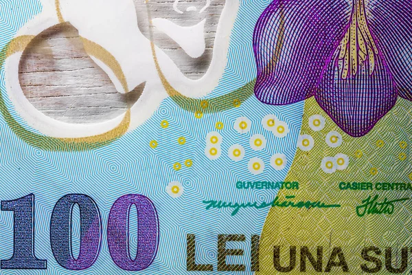 Närbild 100 Lei Sedeldetaljer Världspengar Inflation Och Ekonomi — Stockfoto