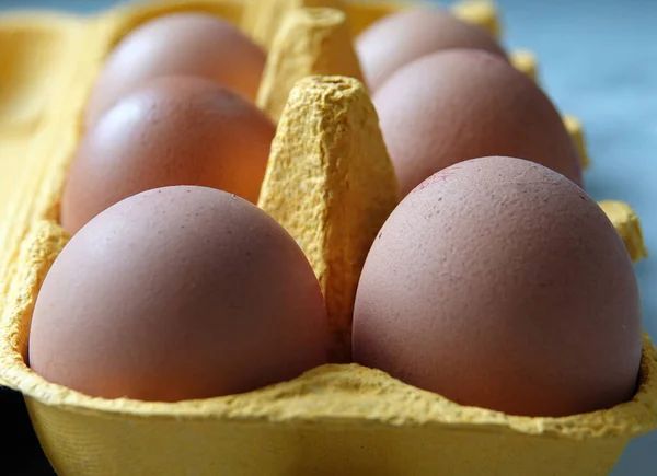 A closeup of eggs in a yellow egg carton with light hitting them