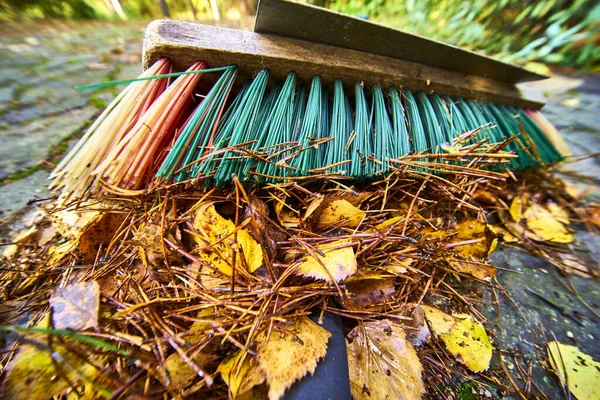 Closeup Street Broom Sweeping Dried Leaves Branches Ground Autumn — Stock Photo, Image