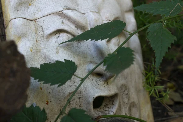 Close Uma Escultura Rosto Demônio Gritando Branco Atrás Folhas Verdes — Fotografia de Stock