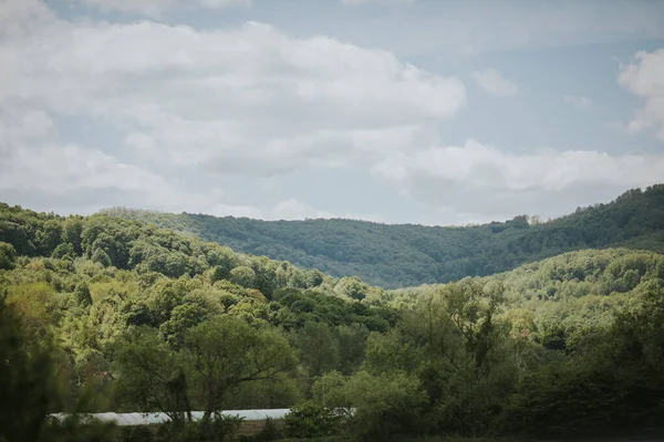 Beautiful Landscape Lush Green Hills Covered Trees Vast Clouds Sky — Fotografia de Stock