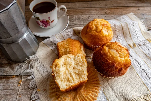 Closeup Fresh Muffins Cup Coffee Napkin Wooden Table — Stock Photo, Image