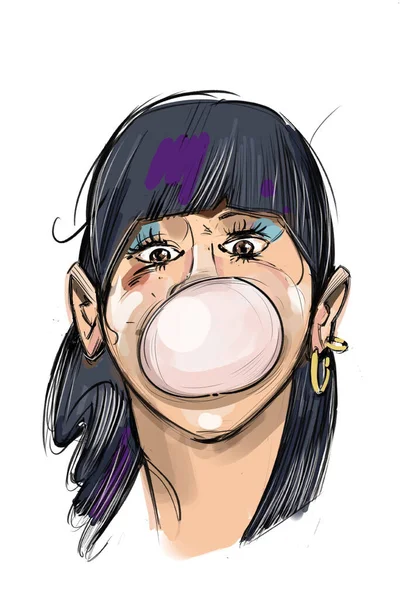 Una Ilustración Una Chica Soplando Una Burbuja Con Goma Mascar — Foto de Stock