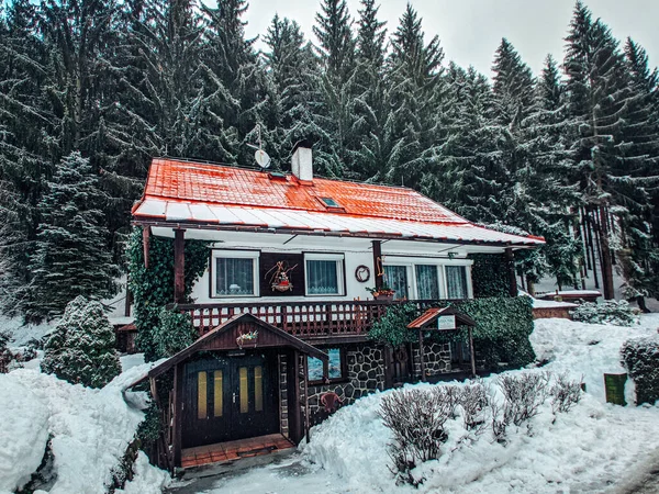 Una Hermosa Foto Una Cabaña Bosque Nevado — Foto de Stock
