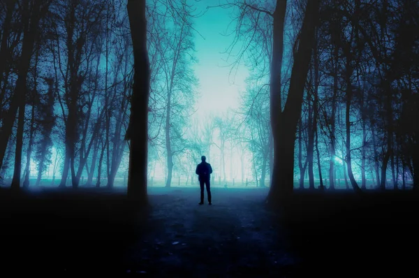 Eine Menschliche Silhouette Inmitten Eines Großen Düsteren Blauen Waldes — Stockfoto